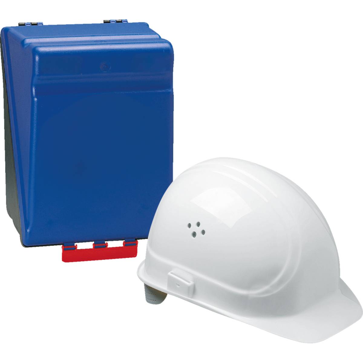 Ein weißer Schutzhelm sitzt neben einer blauen Industriebatteriebox und veranschaulicht Arbeitssicherheit und Energieausrüstung.