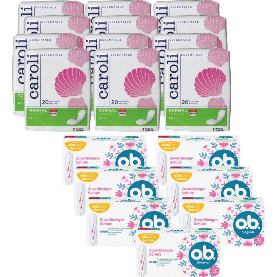 Damenhygiene Nachfüll-Set, 240x Caroli Damenbinde normal, 224x o.b. Tampons
