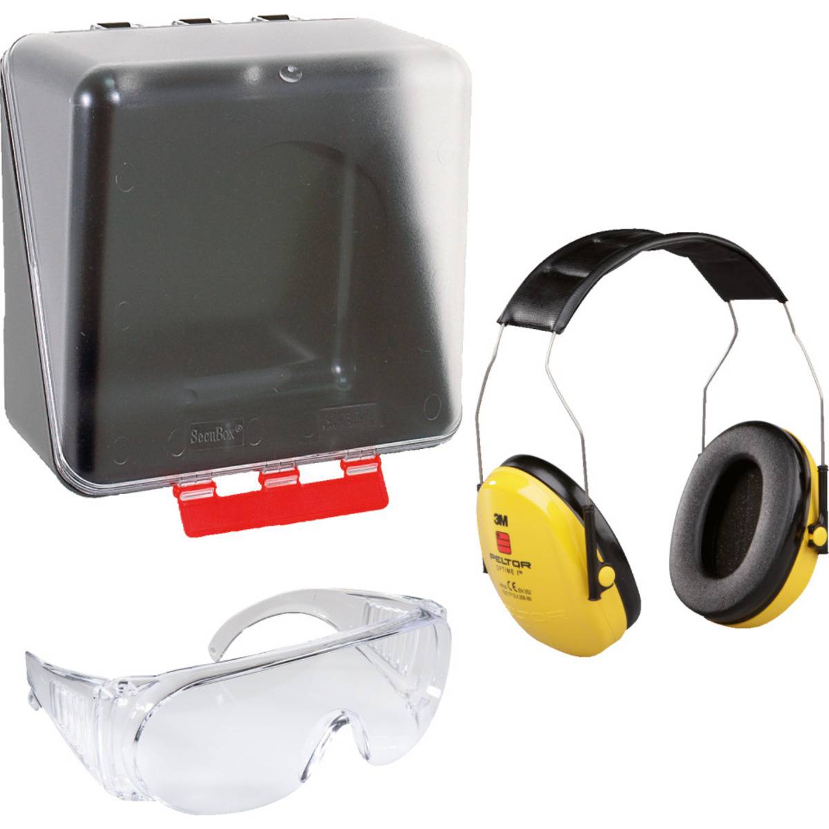 Eine transparente Sicherheitsbox enthält gelbe Ohrenschützer und klare Schutzbrille und unterstreicht die Verwendung von persönlicher Schutzausrüstung.
