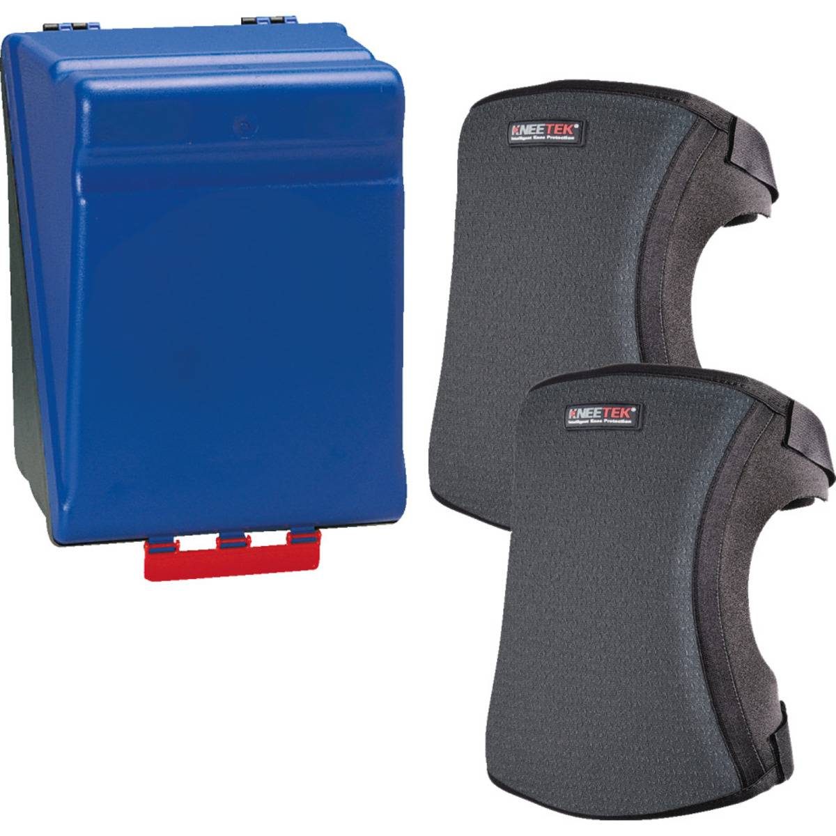 Satz aus blauen Knieschützern mit schwarzer Polsterung neben einem blauen Kunststoffkoffer mit rotem Verschluss.