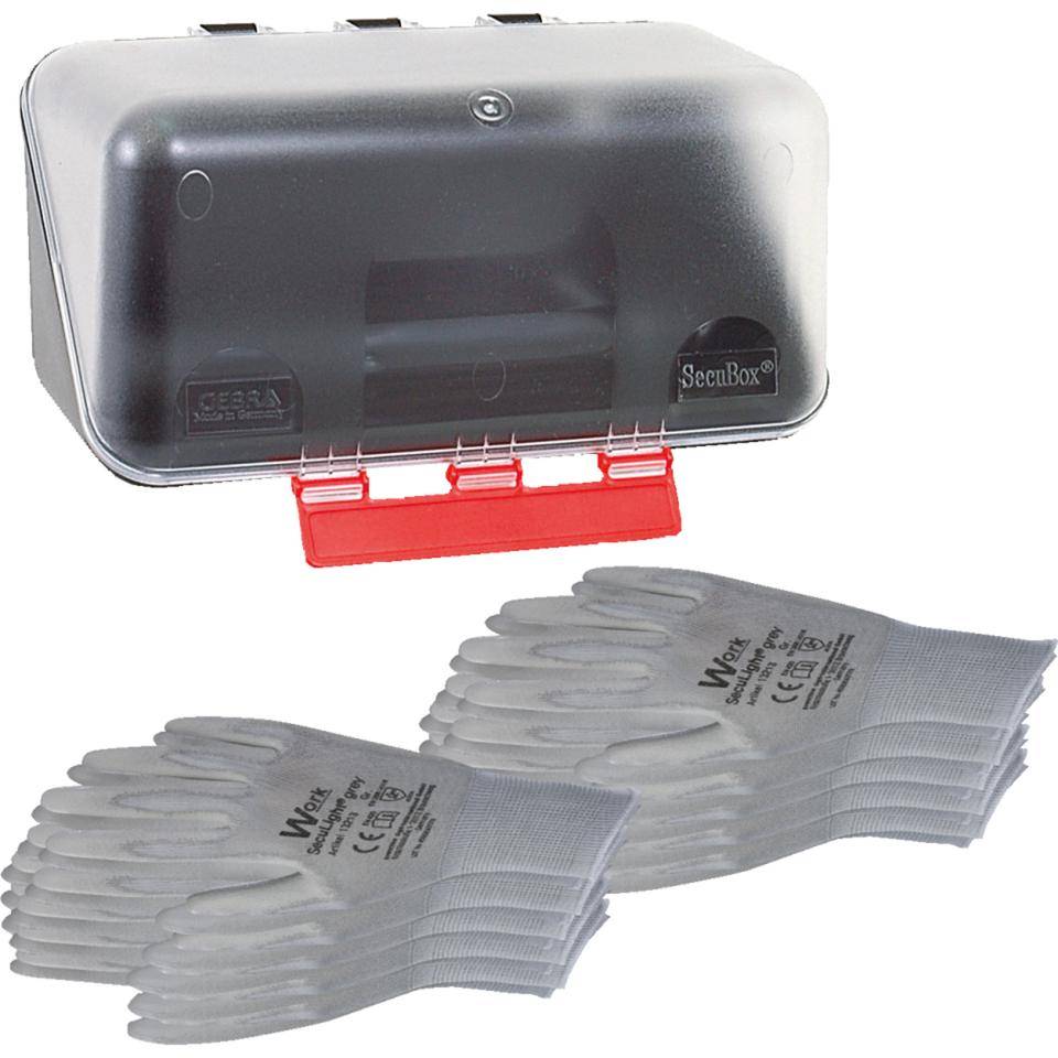 Vorteils-Set SecuBox Mini, 10x Schutzhandschuhe SecuLight® grey,Größe 9