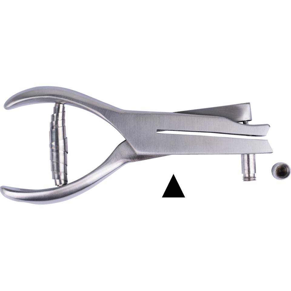 Lochzange m. Behälter, Markieren v. Plaketten, Kerbform Dreieck, Maultiefe 48mm