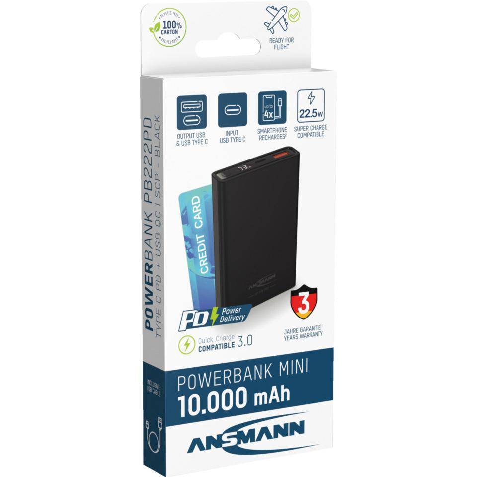 ANSMANN Powerbank PB222PD, Quick Charge 3.0, 10000 mAh, 38,5 W, USB-C Ladekabel