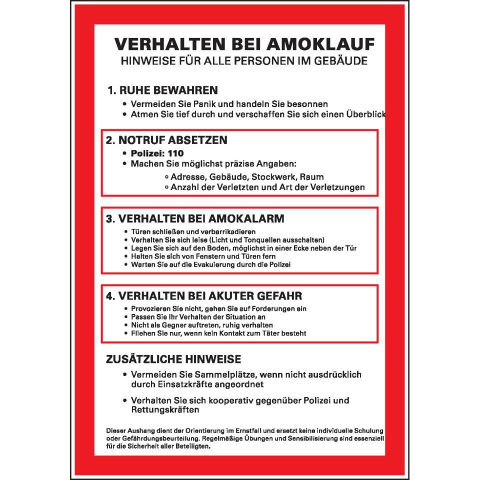 Aushang Verhalten bei Amoklauf - Polizei verständigen, Kunststoff, 210x297mm
