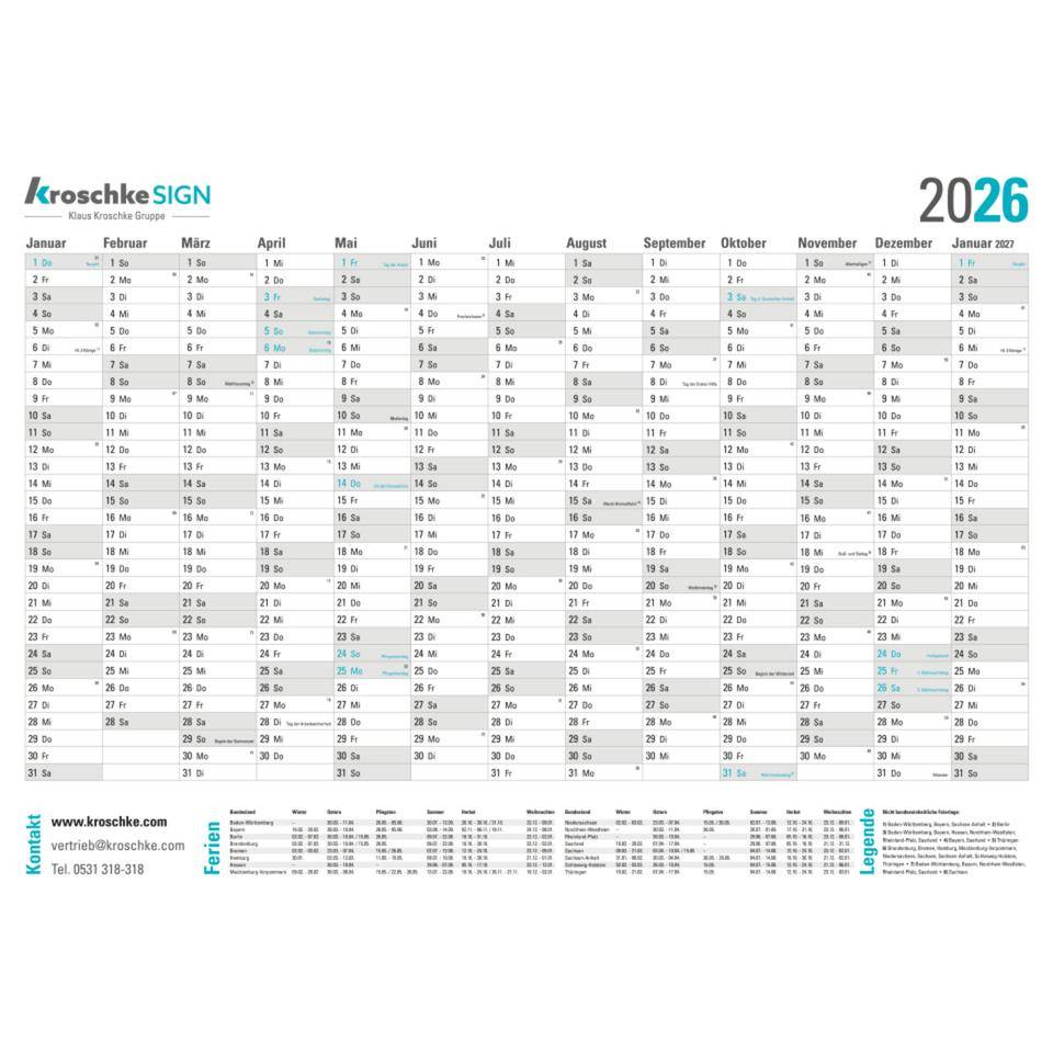 Kroschke Jahreskalender 2026, gerollt, beschriftbar, Papier, 1000x700mm