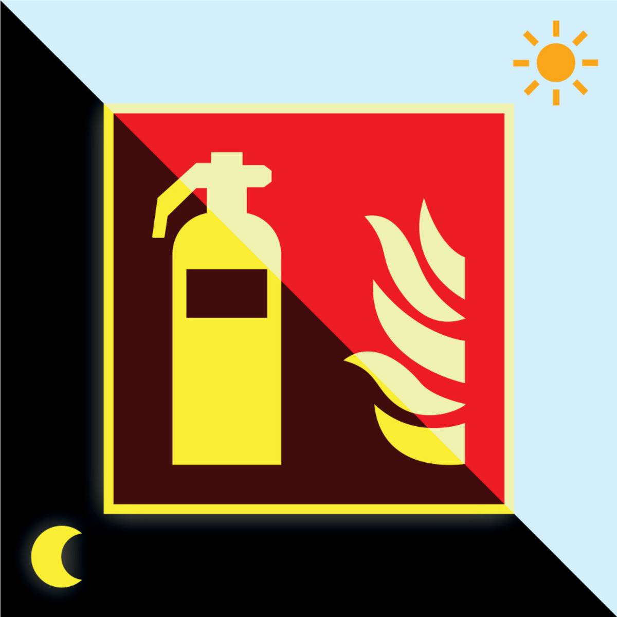 Ein Feuerlöscher-Symbol auf einem geteilten Hintergrund, der Tag und Nacht darstellt, mit einer Sonne und einem Halbmond, der 24-Stunden-Service anzeigt.