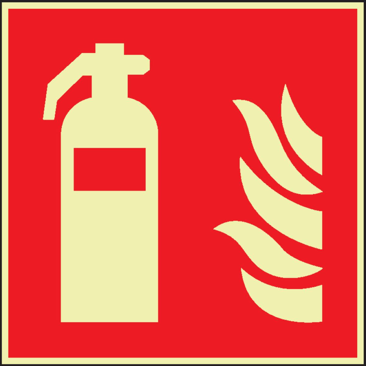 Ein beiges Feuerlöschergerät-Symbol auf rotem Hintergrund, neben stilisierten Flammen, das Brandschutzausrüstung anzeigt.