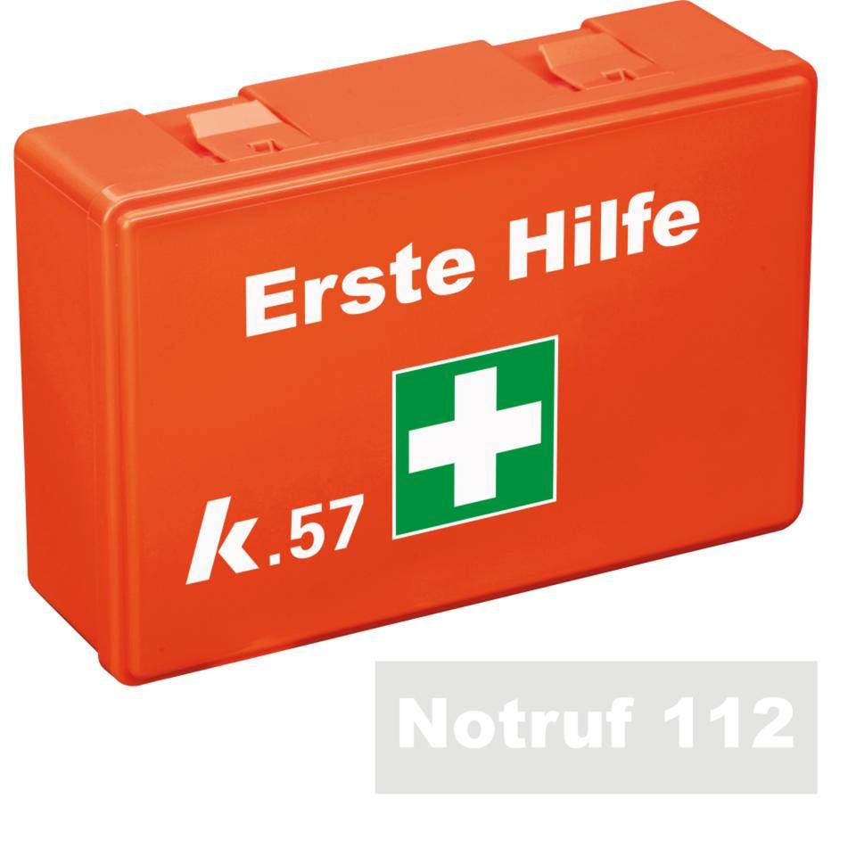 K.57 Verbandkasten Compact, DIN 13157, leuchtorange, mit SchriftNotruf 112