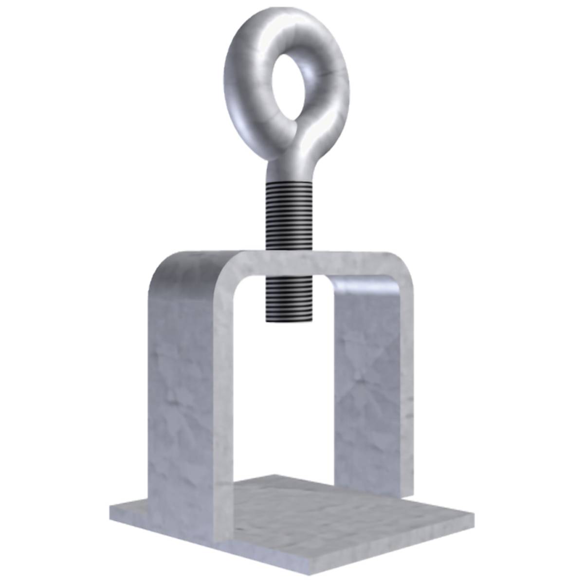 Ein U-förmiger Metallbügel mit einer Gewindestiftschraube oben, der zum Befestigen und Heben schwerer Objekte verwendet wird.