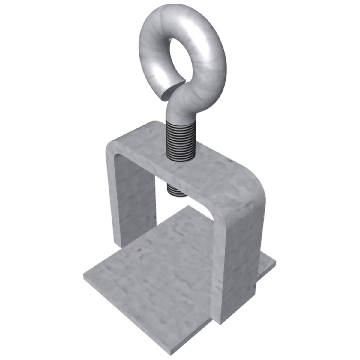 Ein 3D-gerenderes Modell eines Metall-Augenschrauben-Hebels, der an einem grauen, rechteckigen Block befestigt ist und zum sicheren Heben schwerer Objekte verwendet wird.