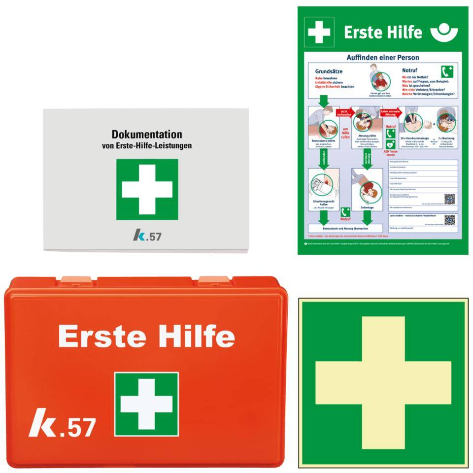 K.57 Vorteils-Set Erste-Hilfe-Kasten Compact, Verbandblock, Aushang, Rettungszeichen