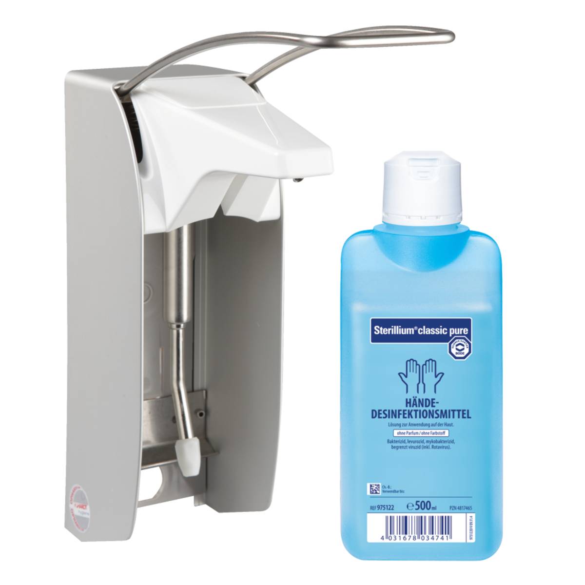 Ein an der Wand montierter Desinfektionsspender aus Silber neben einer blauen Flasche mit der Aufschrift „Sterillium classic pure Händedesinfektionsmittel