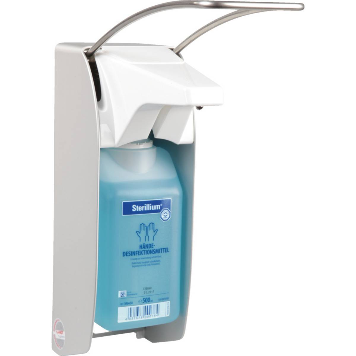Ein wandmontierter Handdesinfektionsspender mit einer blauen Flüssigkeit mit der Bezeichnung „Sterillium