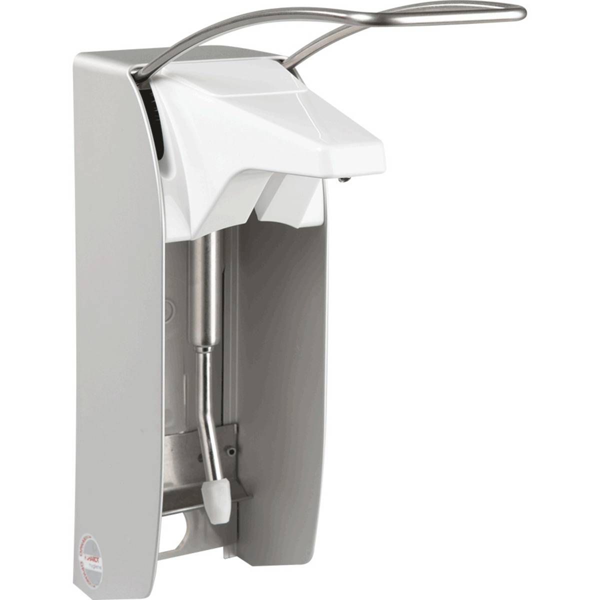 Wandmontierter manueller Seifenspender mit metallischem Hebel zum Drücken, mit schlankem, modernem Design, geeignet für öffentliche Toiletten.