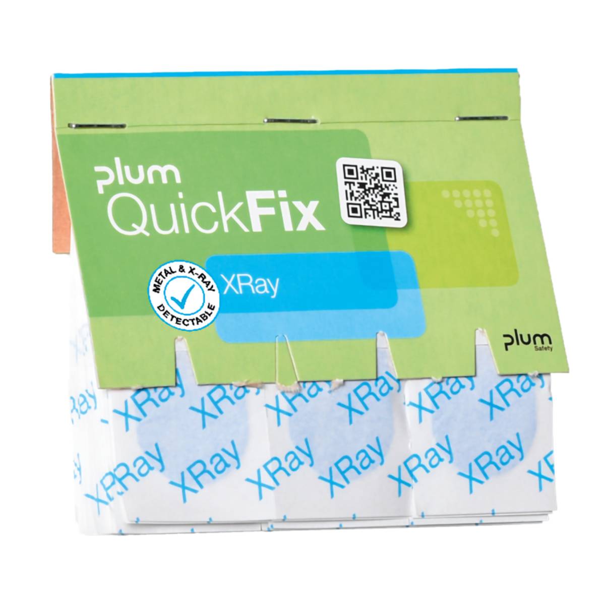 QuickFix XRay' Pflasterpackung zum Nachfüllen für Spender mit Metall- und Röntgensicht-erkennbaren blauen Pflastern, konstruiert für einfachen Zugriff.
