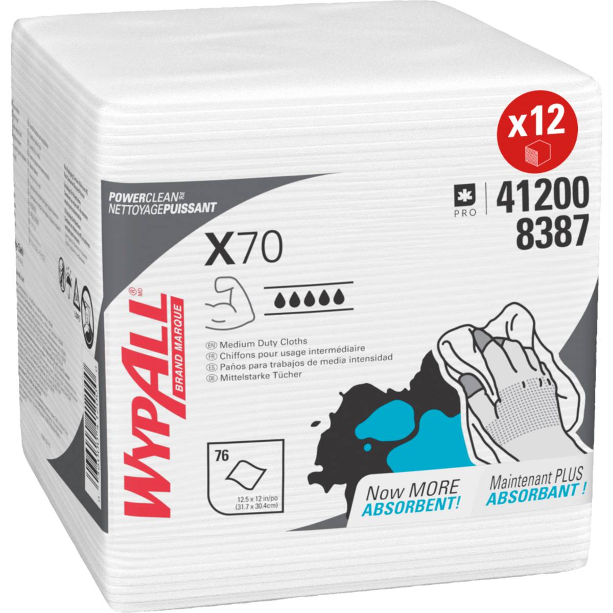 Packung mit WypAll X70 Tüchern, insgesamt 76 Stück, mittelschwer, hochabsorbierend, enthält eine Illustration einer Hand mit einem Tuch und Produktcodes.