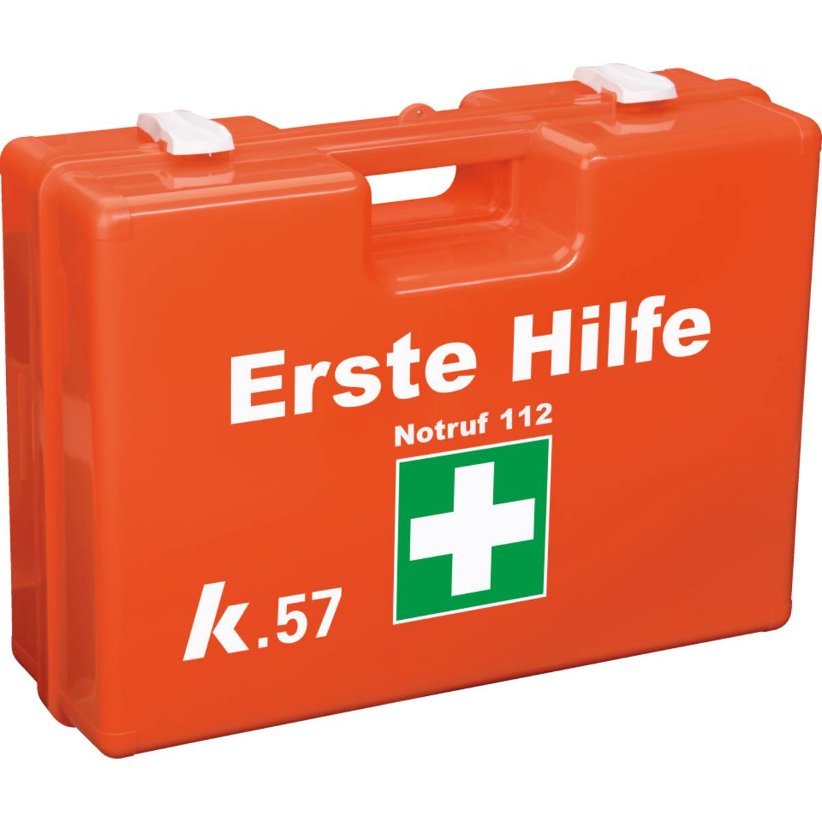 Ein orangefarbener Erste-Hilfe-Kasten mit „Erste Hilfe