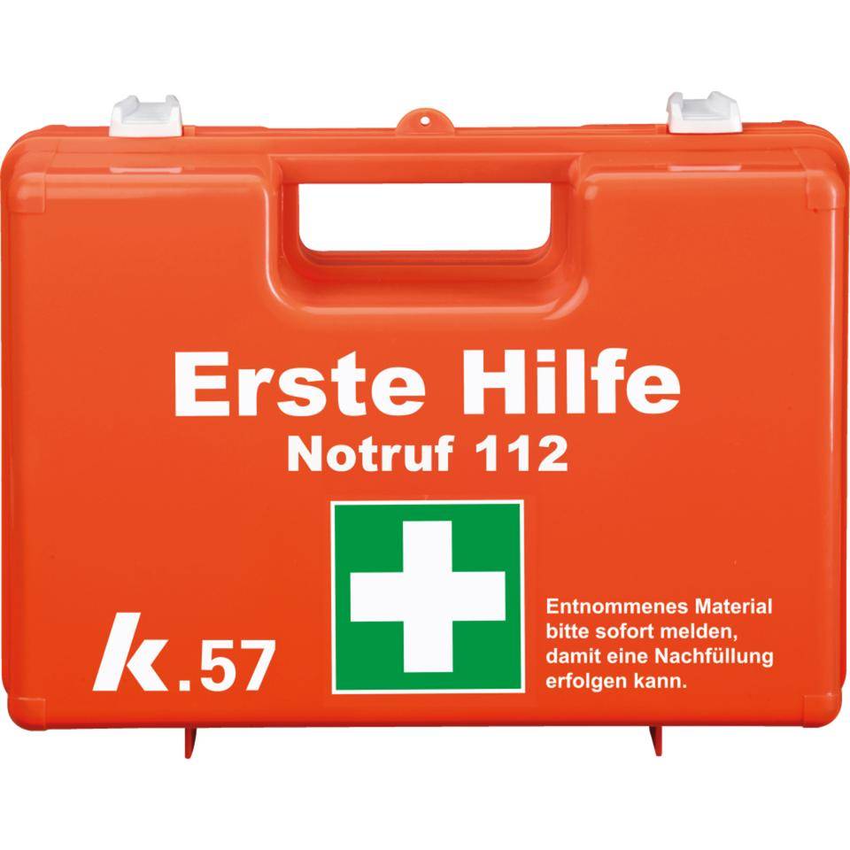 K.57 Erste-Hilfe-Koffer Classic, Notruf 112, Entnommenes Material, Füllung DIN13157, leuchtorange