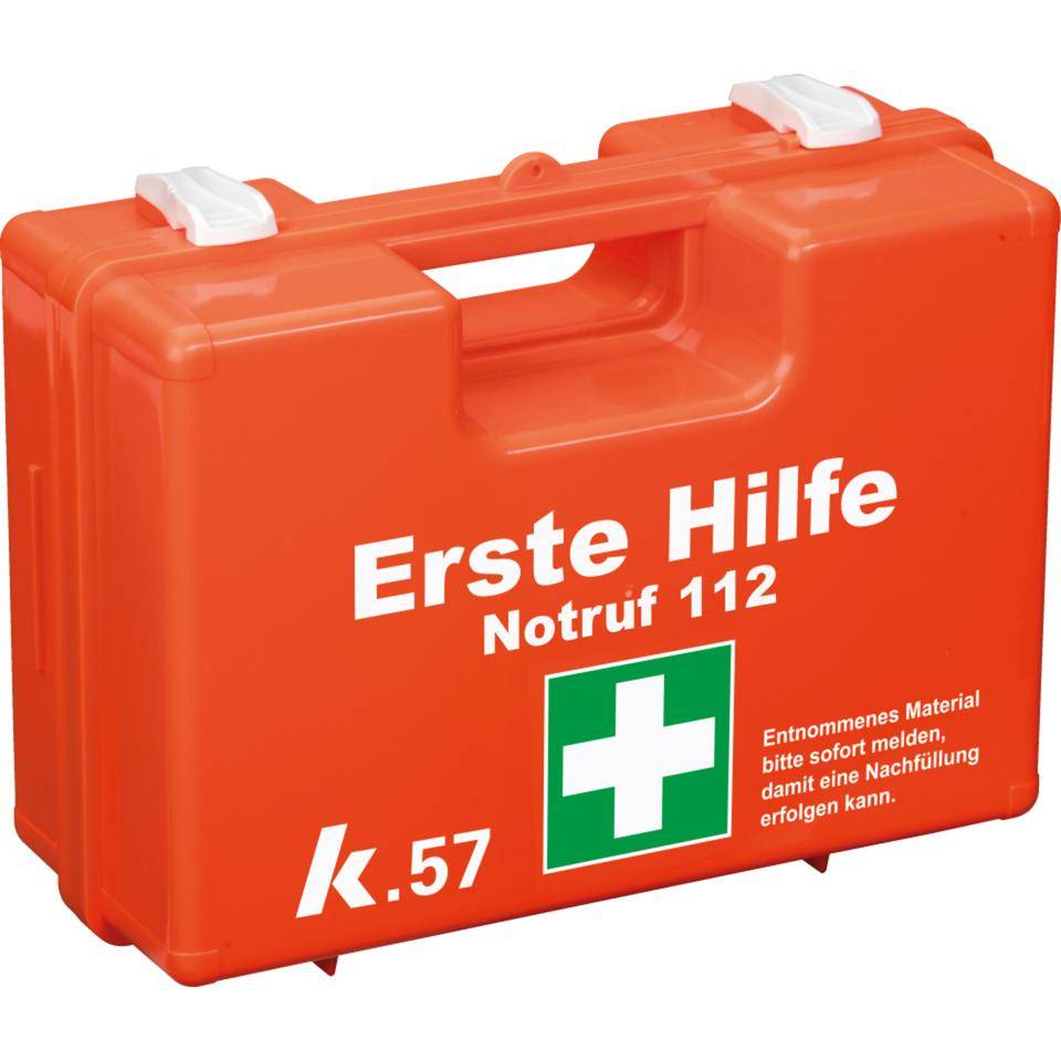 K.57 Erste-Hilfe-Koffer Classic, Notruf 112, Entnommenes Material, Füllung DIN13157, leuchtorange