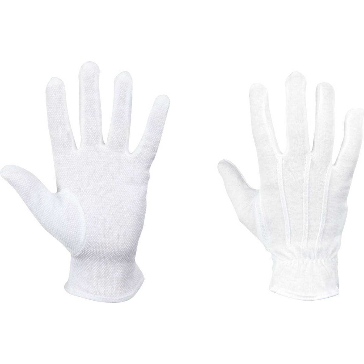 Zwei weiße Baumwollhandschuhe, einer mit der Handfläche nach oben und einer mit der Handfläche nach unten, die ihr Design und ihre Passform zeigen.