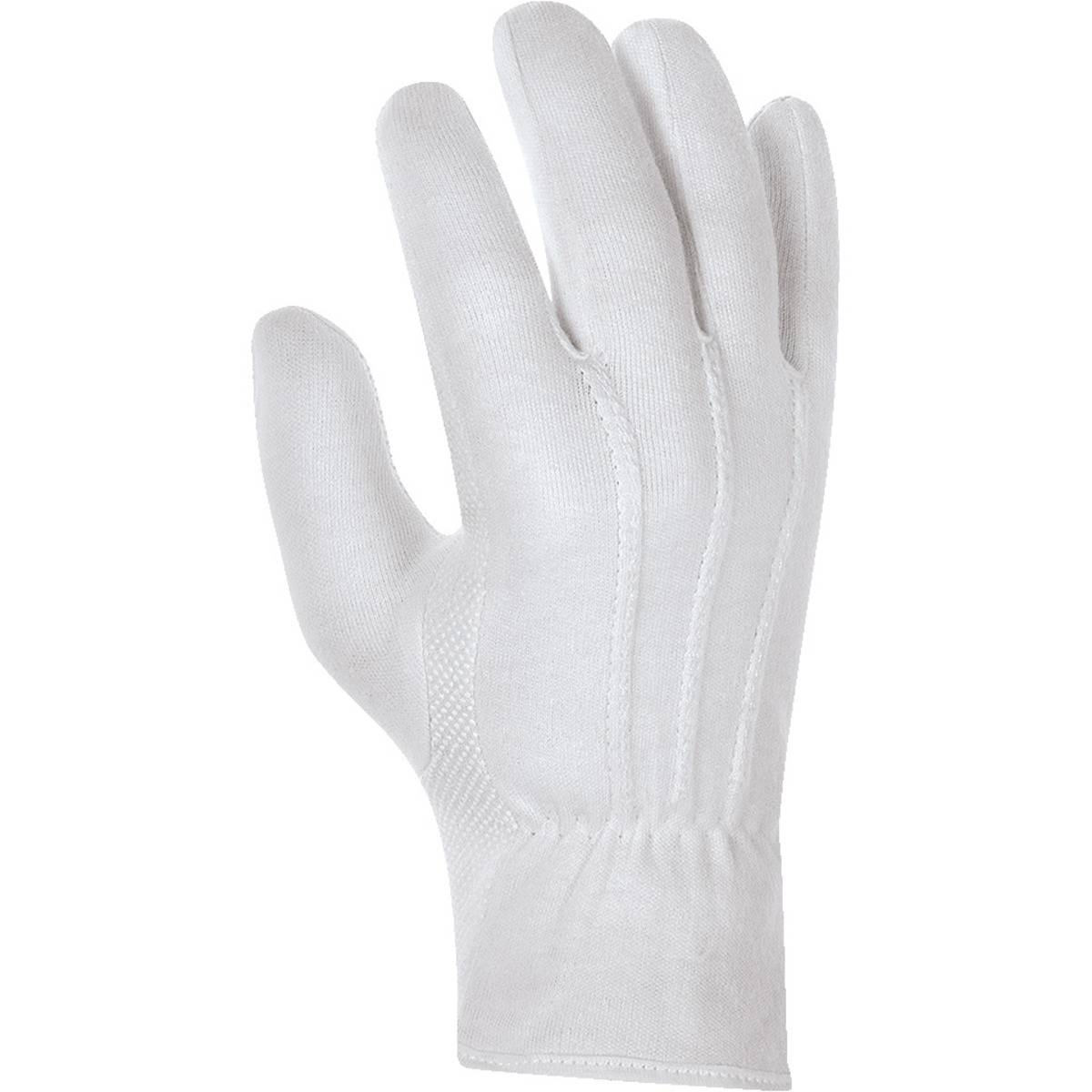 Ein weißer Baumwollhandschuh mit strukturiertem Griff an Fingern und Handfläche, entwickelt für leichten Schutz oder zum Handling empfindlicher Gegenstände.