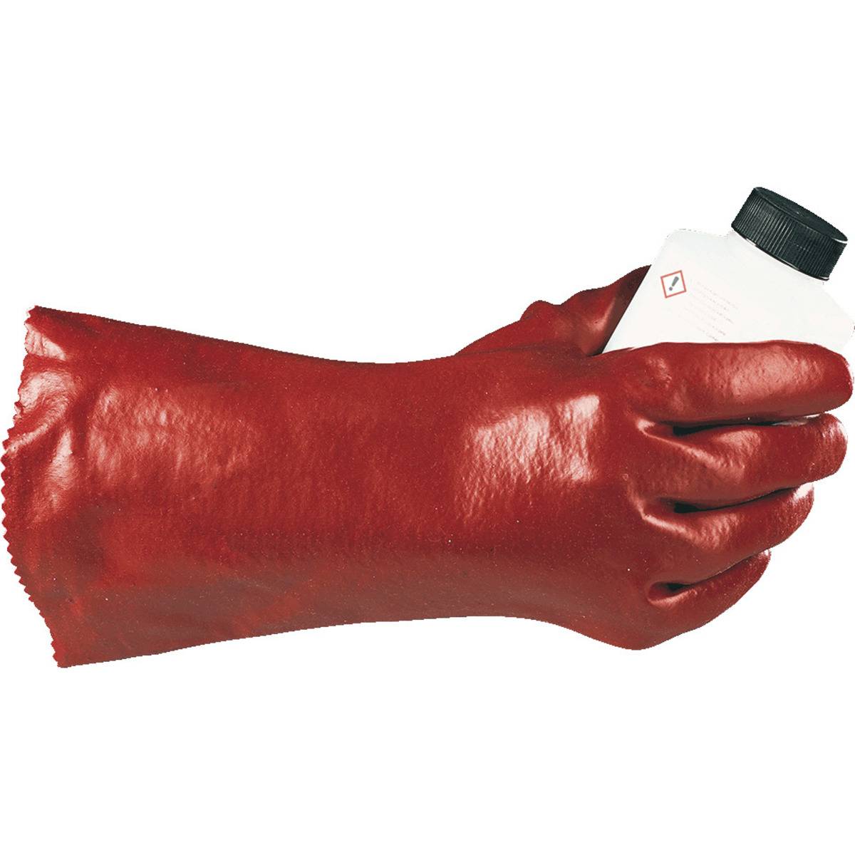 Eine rot handschuhte Hand hält eine weiße Flasche mit schwarzem Verschluss, die ein Sicherheitssymbol trägt und sichere Handhabungspraktiken unterstreicht.