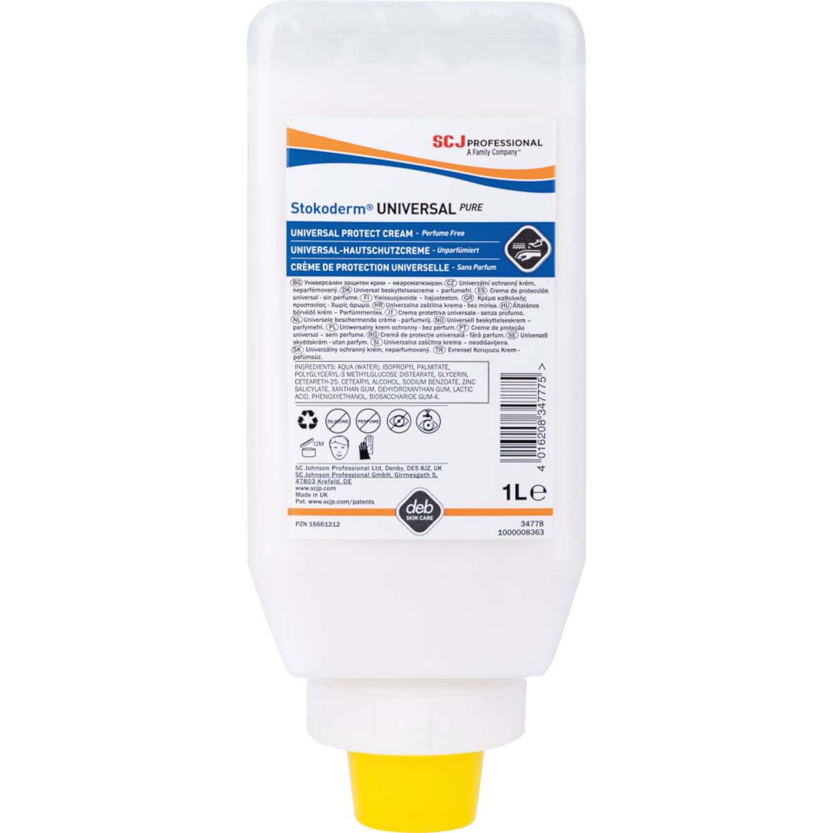 Ein langer beiger Gummihandschuh, aufrecht stehend, der seine Textur und erweiterte Länge zur Schau stellt und zum Schutz beim Reinigen verwendet wird.