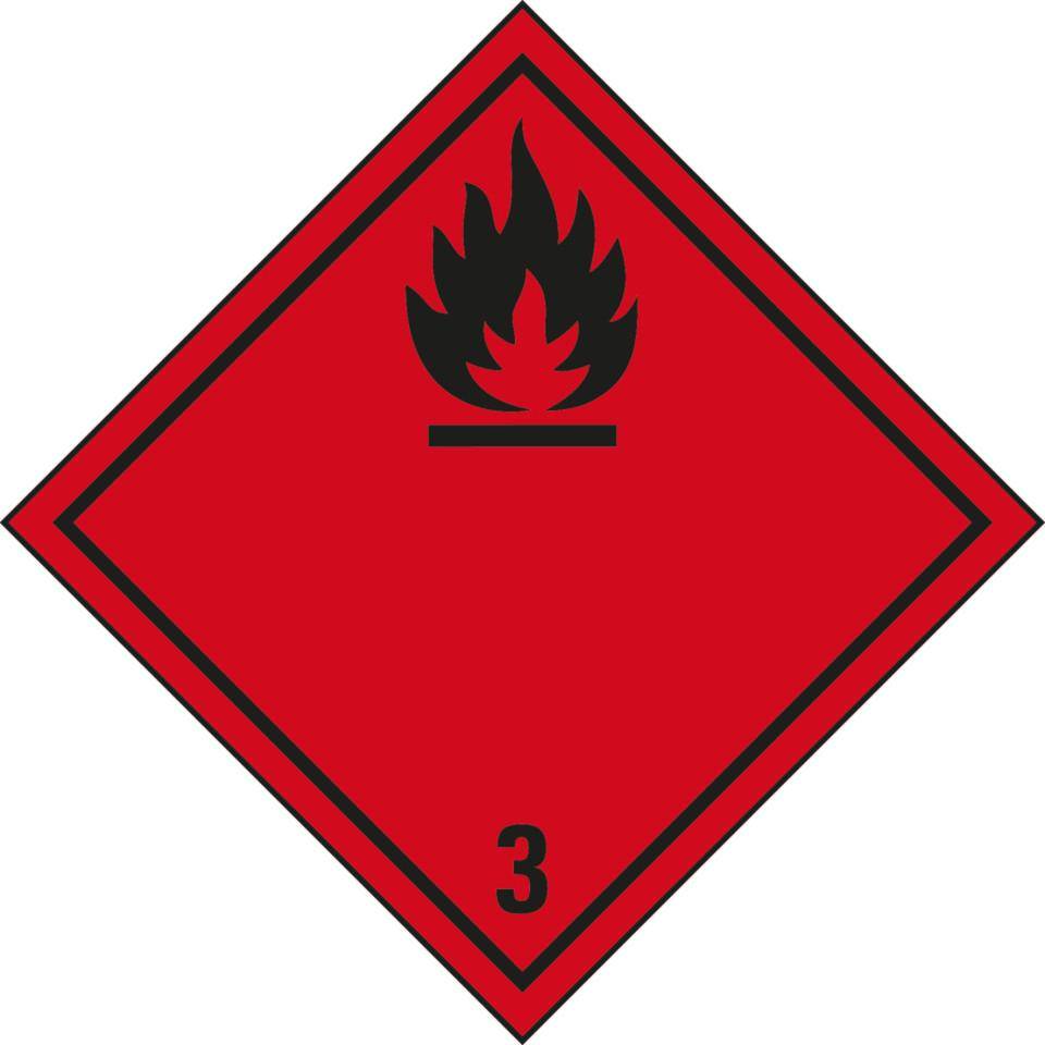 Gefahrgutzettel Klasse 3, Entzündbare Flüssigkeiten, Folie, Spezialkleber, 250x250mm, 100/Rolle
