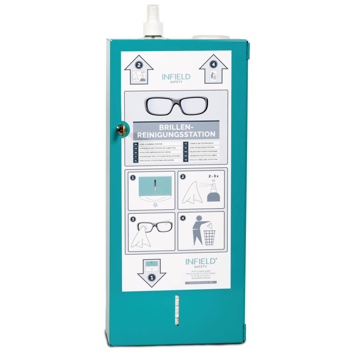 INFIELD® Brillenreinigungsstation mit Zubehör und abschließbarem Wandgehäuse