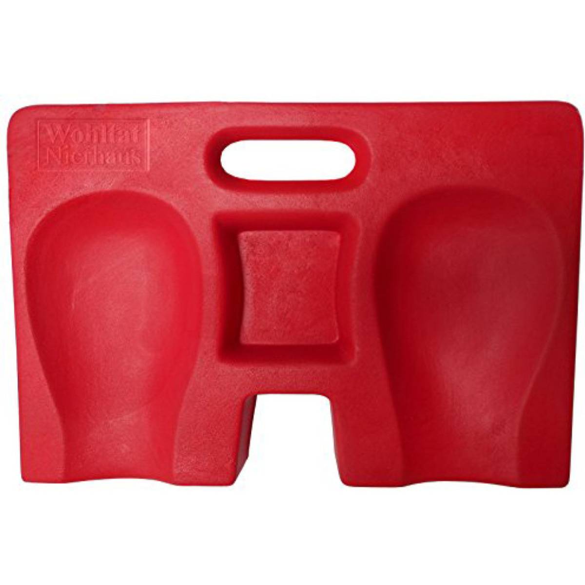 Roter Kunststoffsitz mit zwei geformten Vertiefungen zum Sitzen und einem zentralen Griff zum einfachen Tragen.