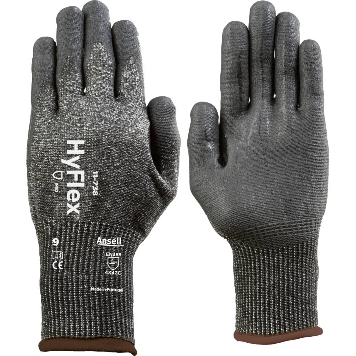 Graue Schutzarbeitshandschuhe mit 'HyFlex' und Sicherheitszertifizierungsmarkierungen. Geeignet für den industriellen Einsatz und bieten Griffigkeit und Geschicklichkeit.