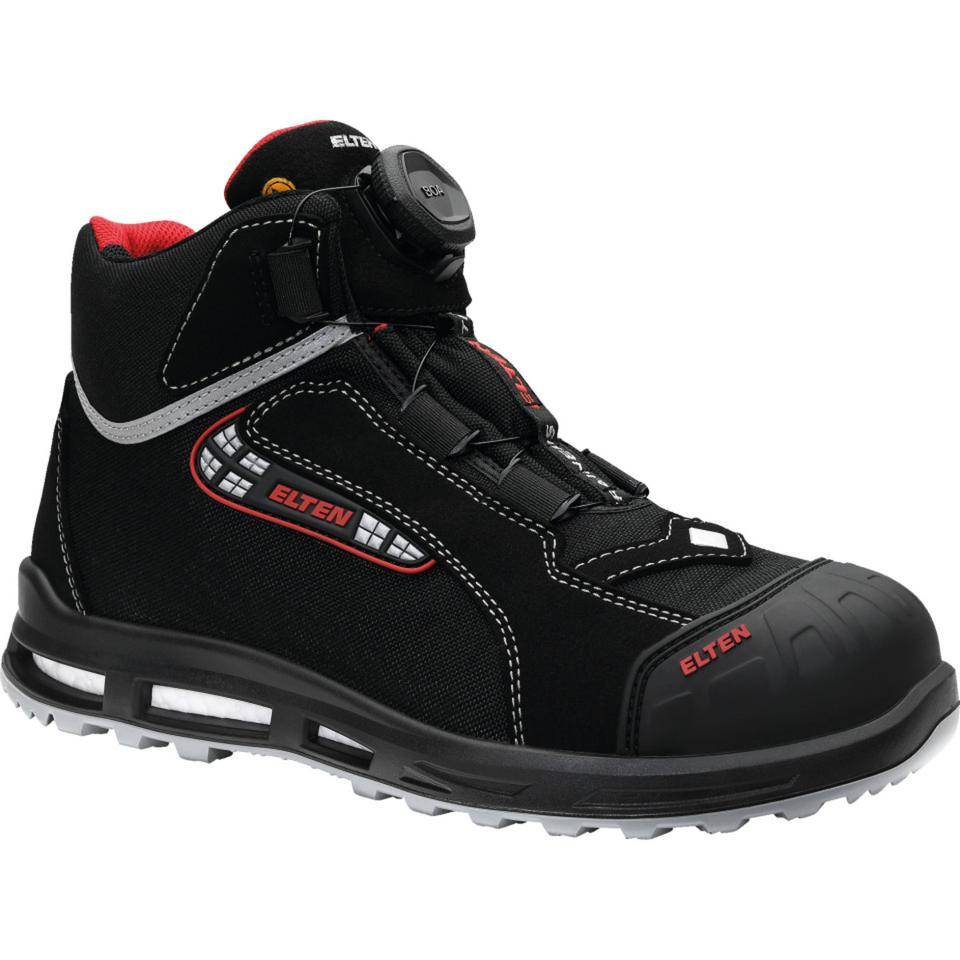Schwarzer hoher Sicherheitsstiefel mit Schnürsenkeln, Schutzkappe an der Spitze und roten Akzenten auf weißem Hintergrund.