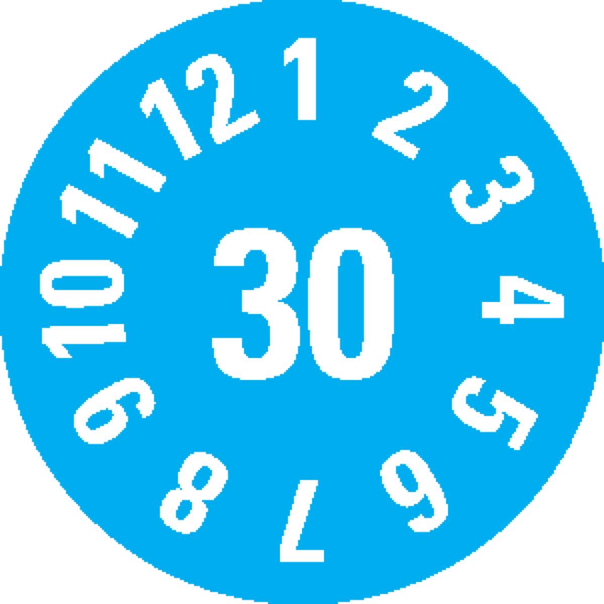 „Ein blaues kreisförmiges Abzeichen mit der Zahl 30 in der Mitte, umgeben von den Zahlen 1 bis 12 um den Rand herum, das einem Zifferblatt ähnelt.