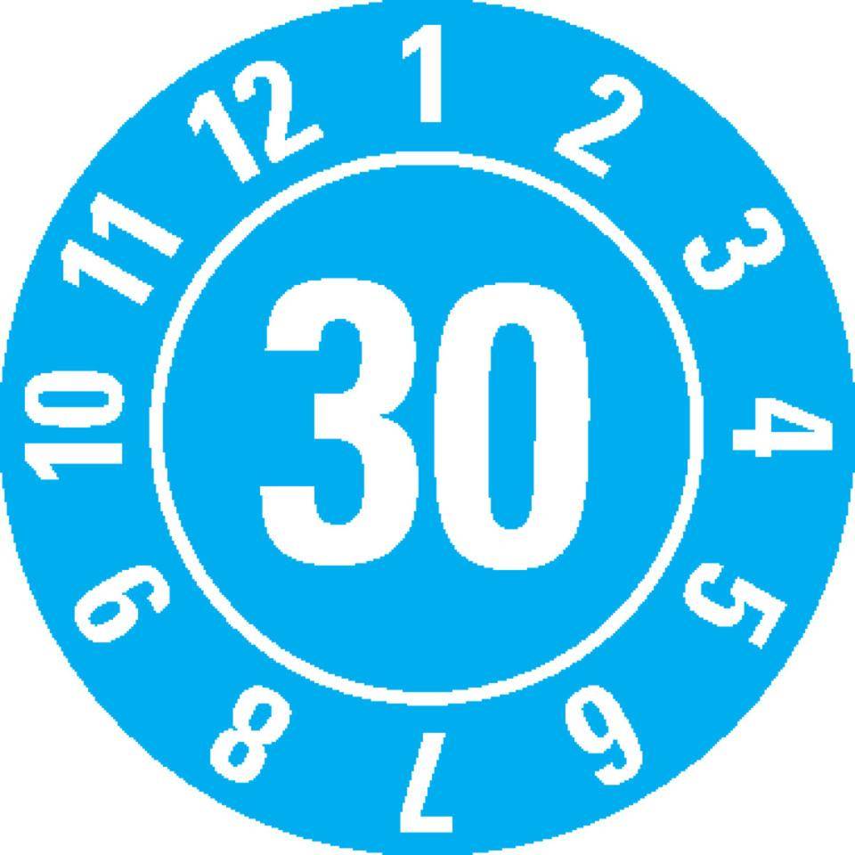 Prüfplakette 30, hellblau, Folie, ablösbar, Ø 10mm, 1000/Rolle
