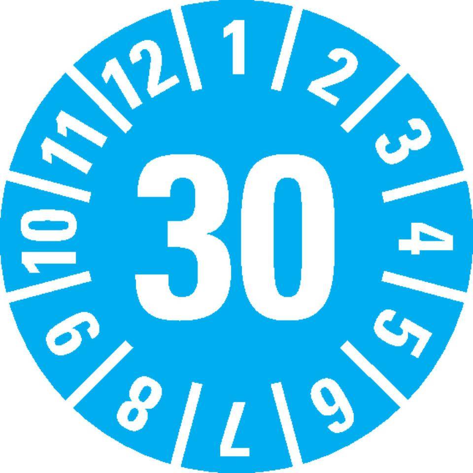 Prüfplakette 30, hellblau, Dokumentenfolie mit Spezialkleber, Ø 15mm, 60/Bogen
