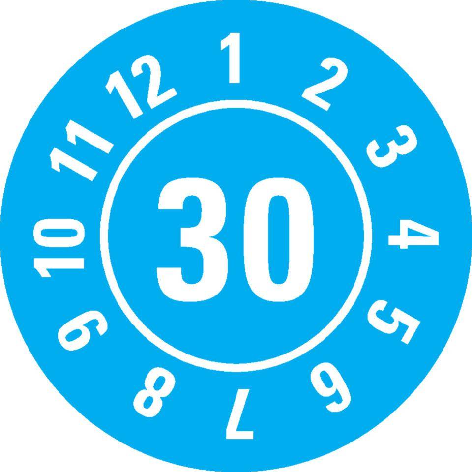 Prüfplakette 30, hellblau, Dokumentenfolie mit Spezialkleber, Ø25mm, 21/Bogen