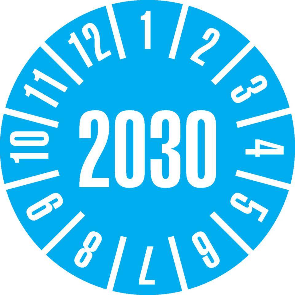 Prüfplakette 2030, hellblau, Dokumentenfolie, selbstklebend, Ø 35mm, 10/Bogen