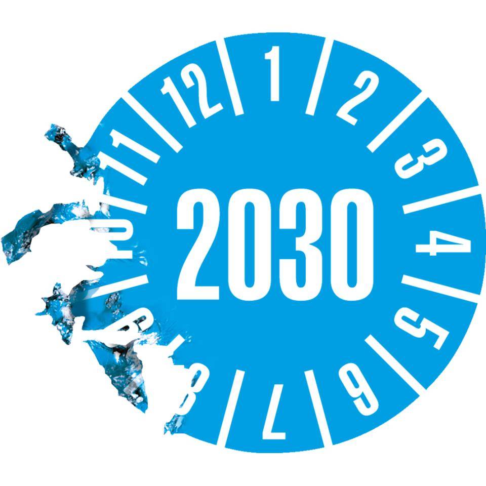 Prüfplakette 2030, hellblau, Dokumentenfolie, selbstklebend, Ø 35mm, 10/Bogen