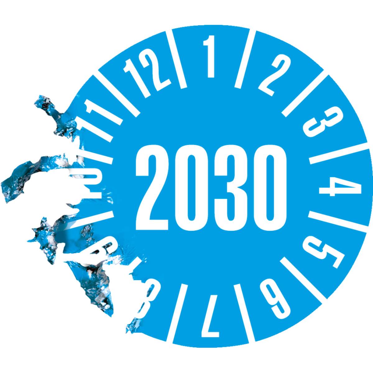 Ein blaues kreisförmiges Zifferblatt mit den Zahlen 1 bis 12, das das Jahr „2030