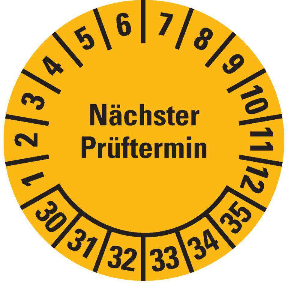 Prüfplakette Nächster Prüftermin 30-35, gelb, Dokumentenfolie, Spezialkleber, Ø 20mm, 36/Bogen