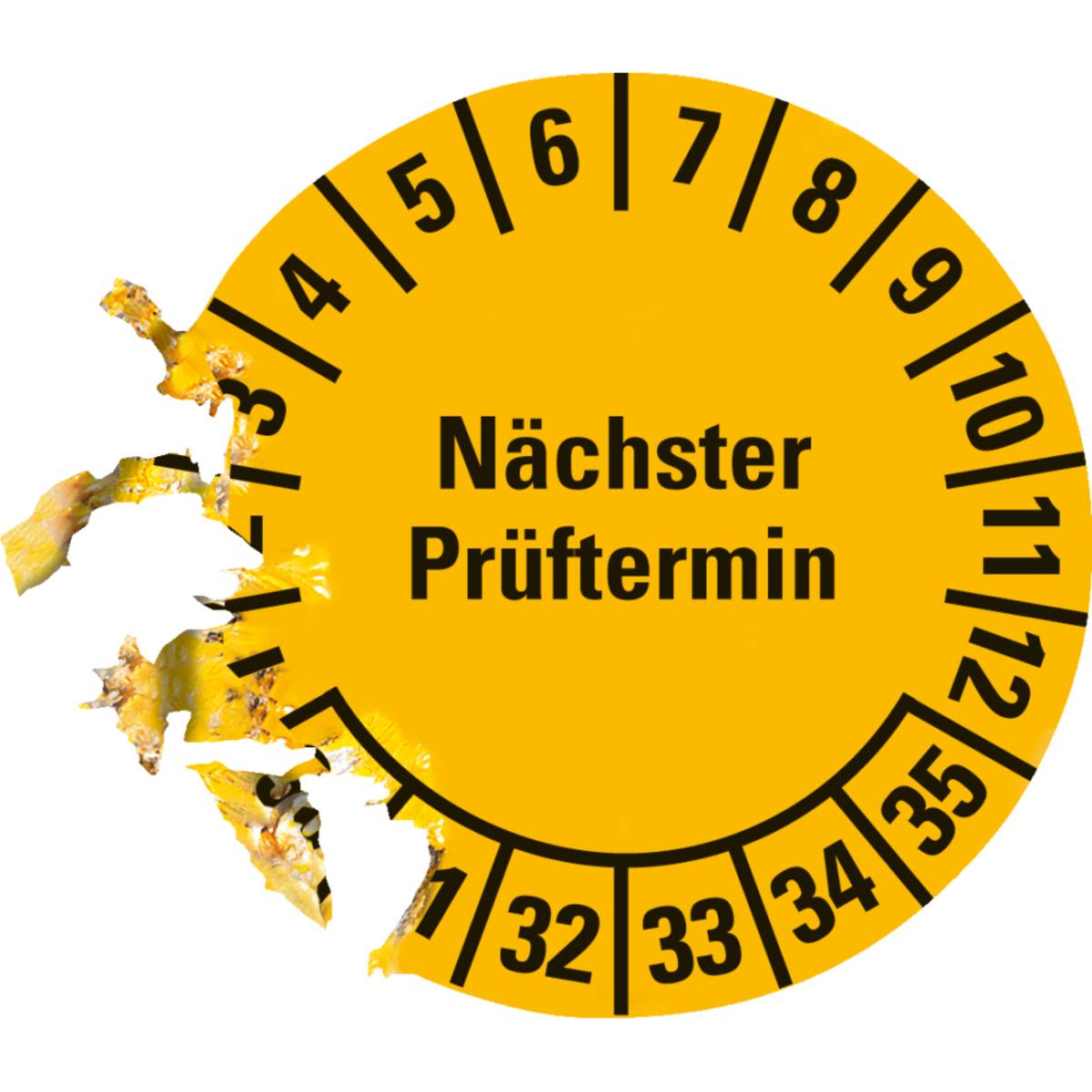 Ein gelber Inspektionsaufkleber mit nummerierten Abschnitten und dem Text „Nächster Prüftermin