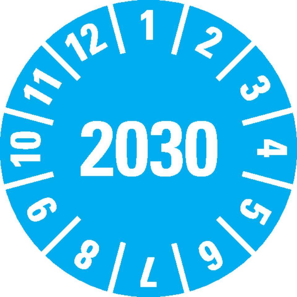 Jahresprüfplakette 2030, hellblau, Dokumentenfolie, Ø 10mm, 128/Bogen