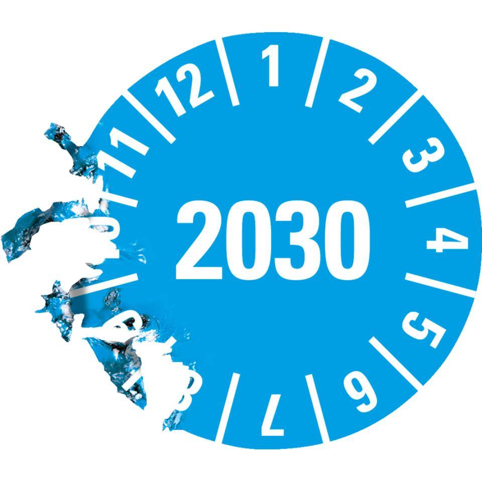 Prüfplakette 2030, hellblau, Dokumentenfolie, selbstklebend, Ø 15mm, 60/Bogen