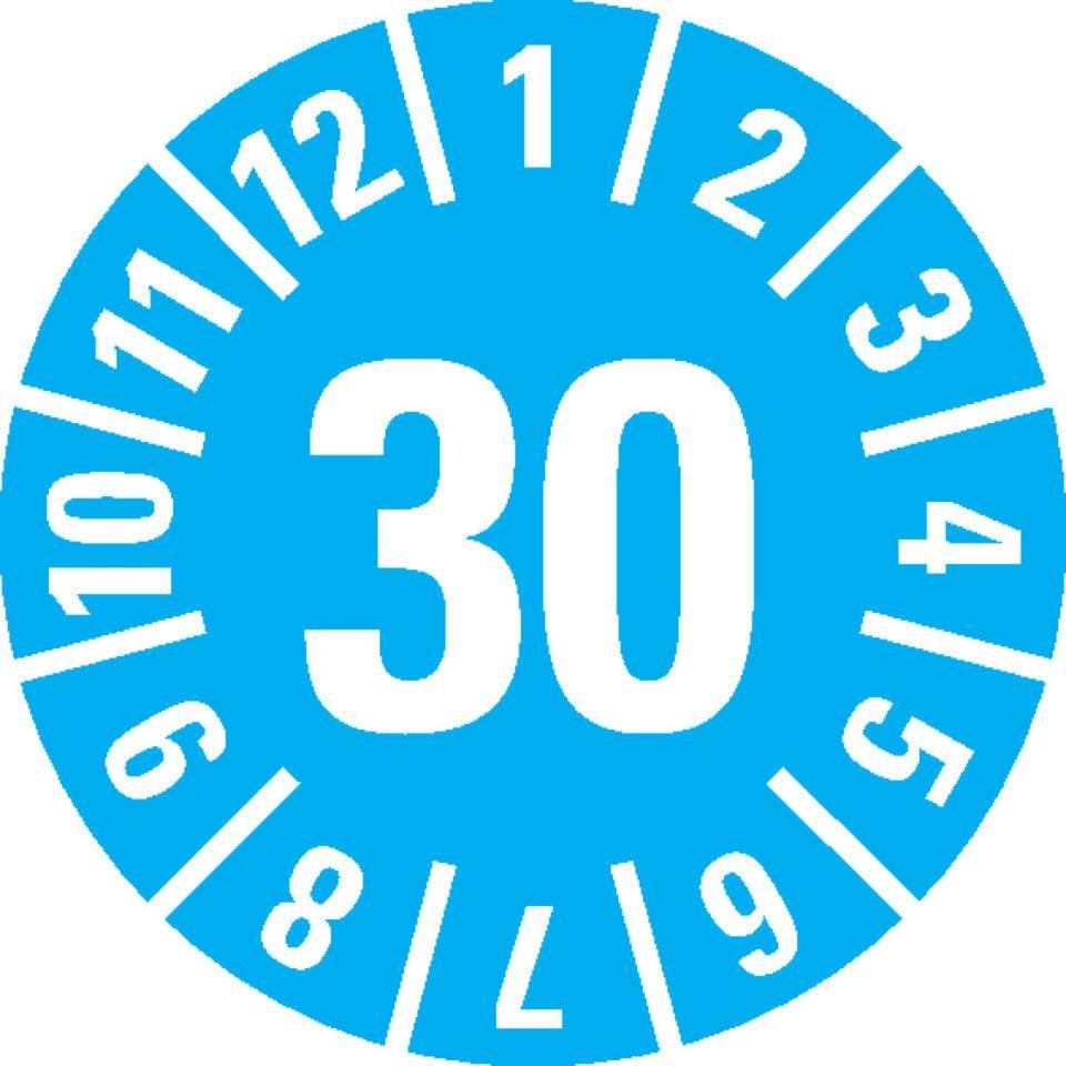 Prüfplakette 30, hellblau, Schachbrettfolie, selbstklebend, Ø 15mm,60/Bogen