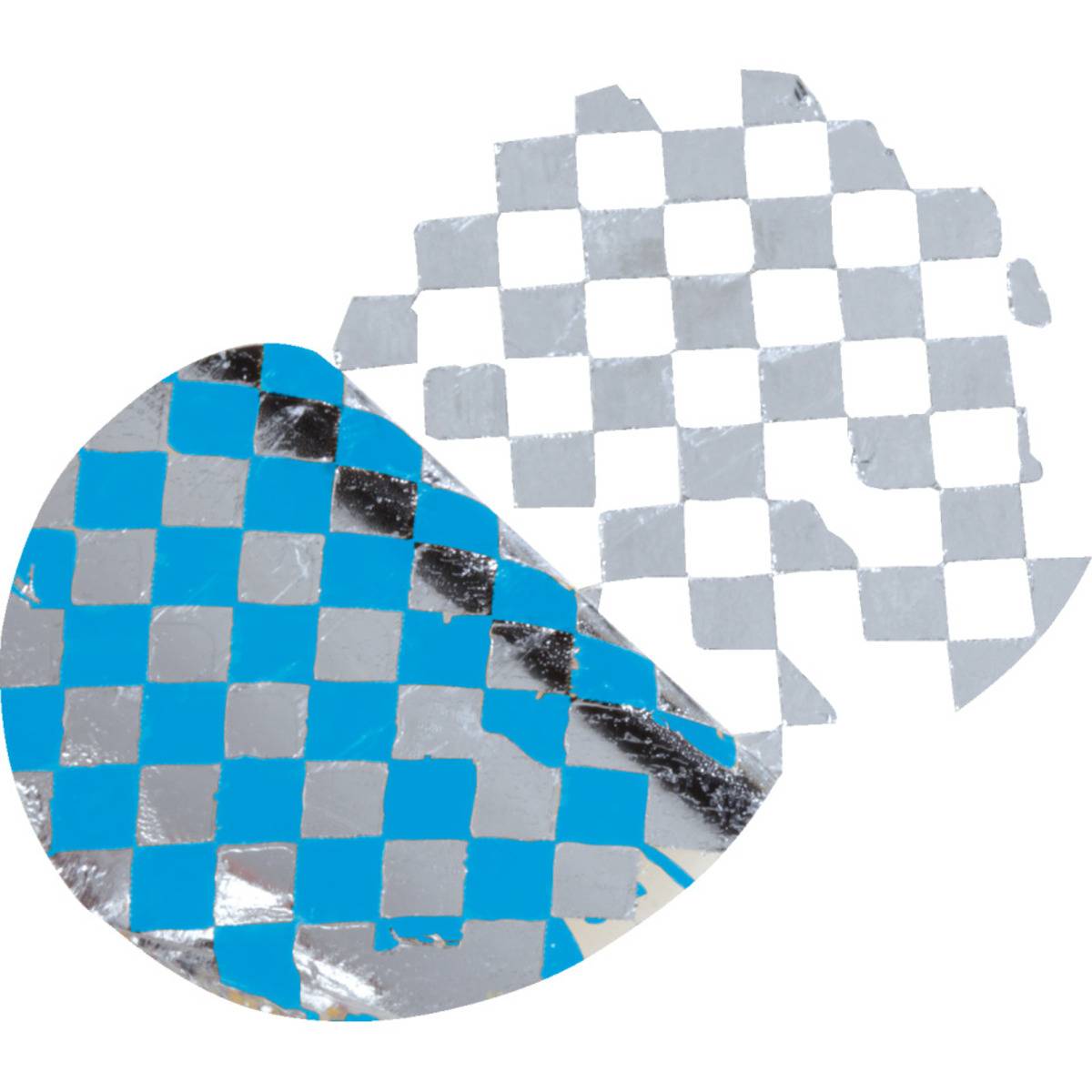 Ein tropfenförmiges Objekt mit einem reflektierenden Silber- und Blau-Schachbrettmuster.