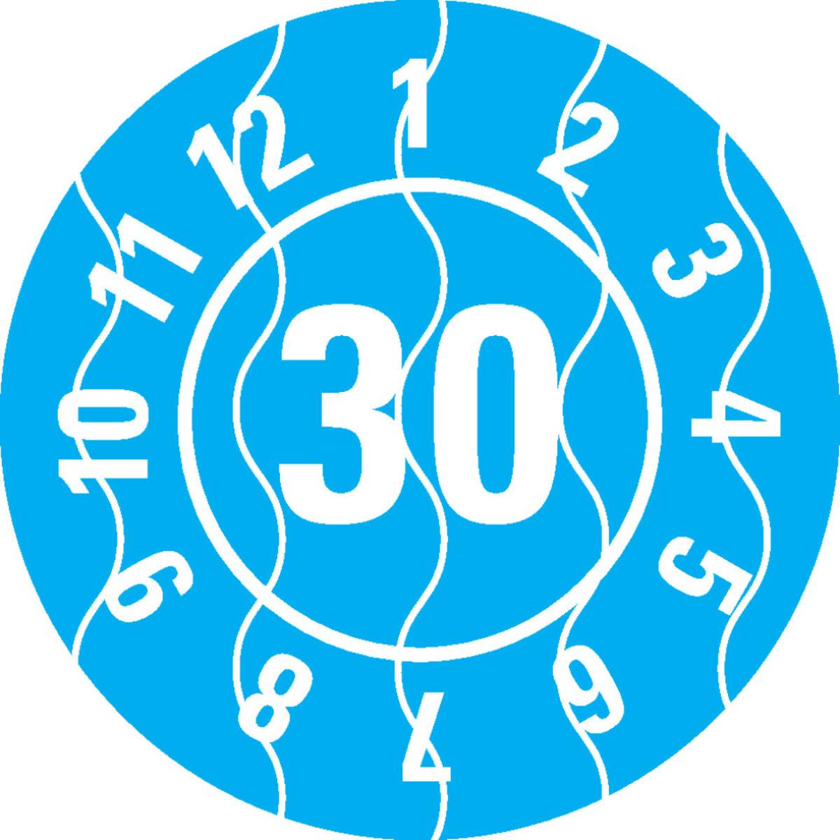 Ein blauer Kreis mit weißen Zahlen von 1 bis 12 um den Umfang herum, ähnlich einem Ziffernblatt, mit der prominenten Anzeige von „30
