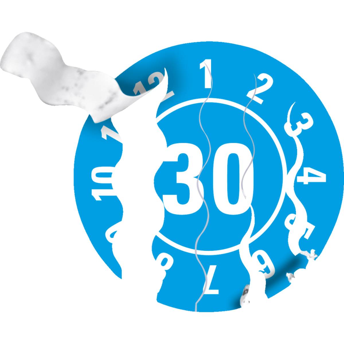 Ein zerrissenes, kreisförmiges blaues Etikett mit der Nummer „30