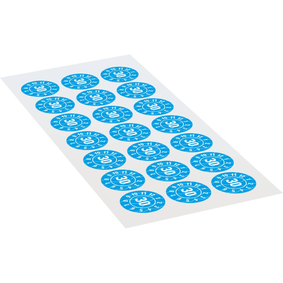 Ein Blatt mit mehreren blauen runden Aufklebern, von denen jeder mit Nummern von 1 bis 12 und einer zentralen Kennzeichnung 