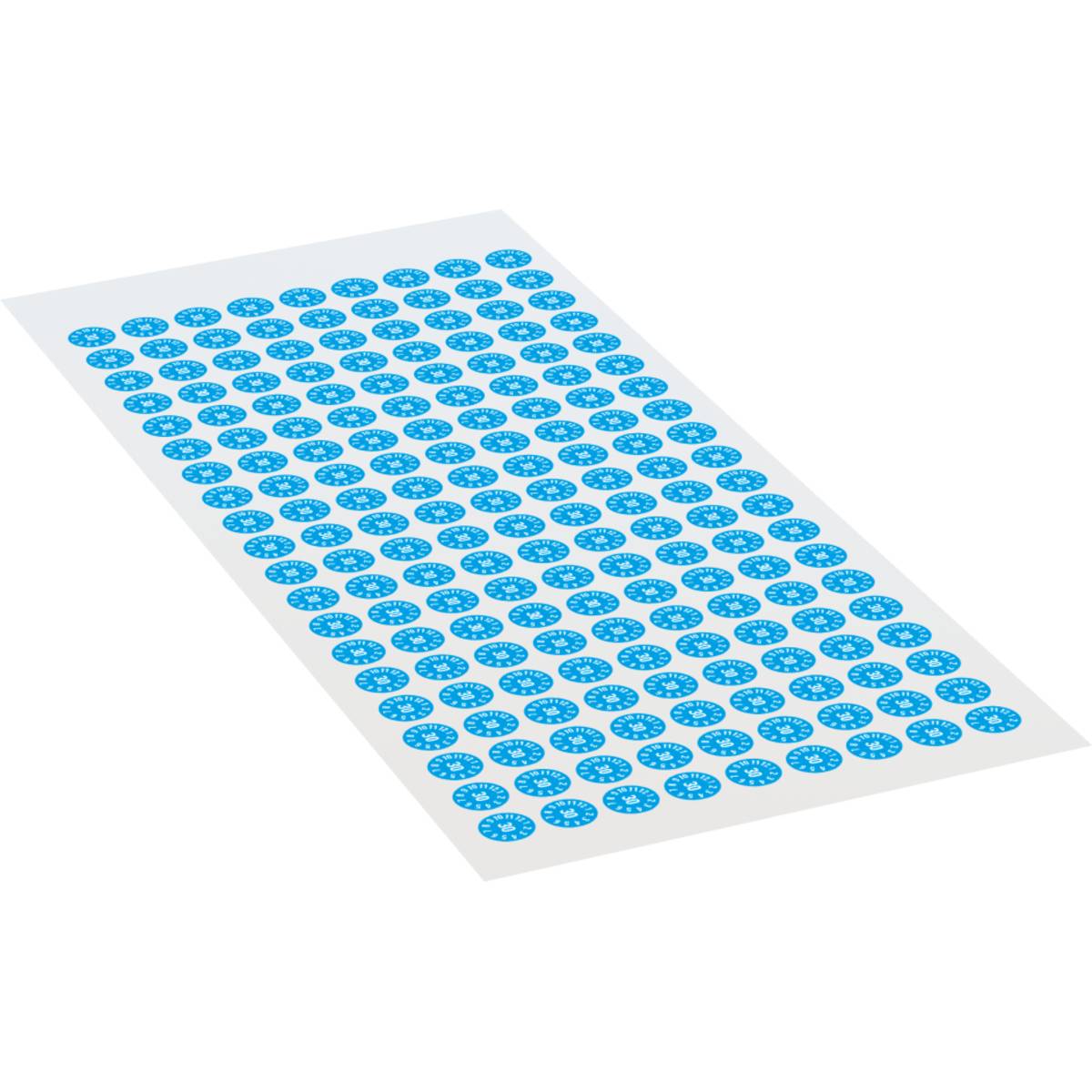 Blatt mit blauen kreisförmigen Aufklebern in Gittermuster auf weißem Hintergrund angeordnet. Jeder Aufkleber hat ein Schneeflocken-Design.