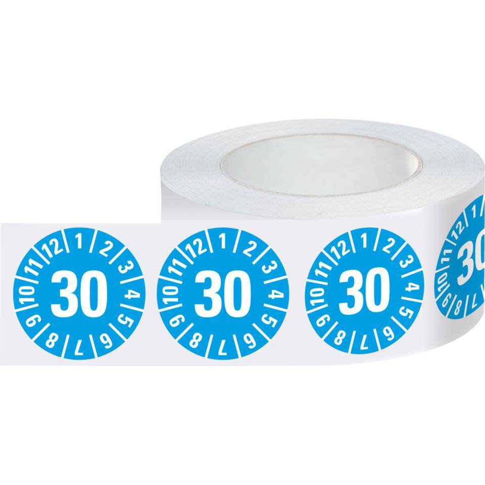 Jahresprüfplakette 30, hellblau, Folie, ablösbar, Ø 30mm, 500/Rolle